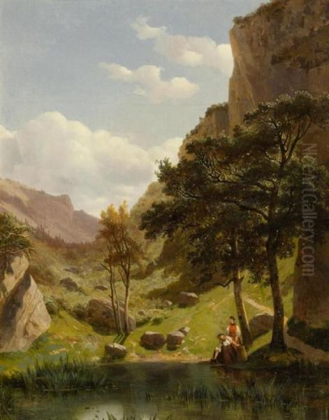 Landscape With Two Figures At A Pond Oil Painting by Alexandre Calame