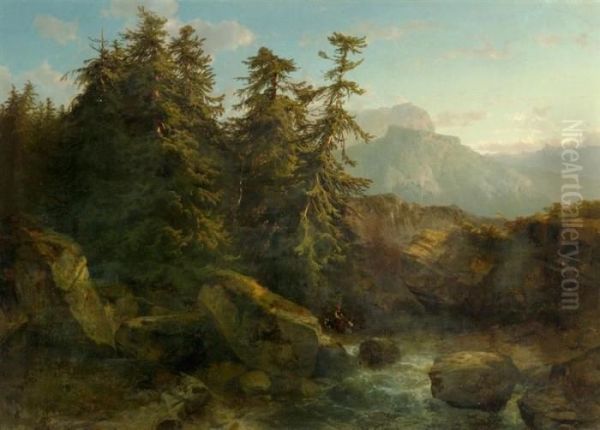 Sapins, Cours D'eau, Soleil Couchant Oil Painting by Alexandre Calame