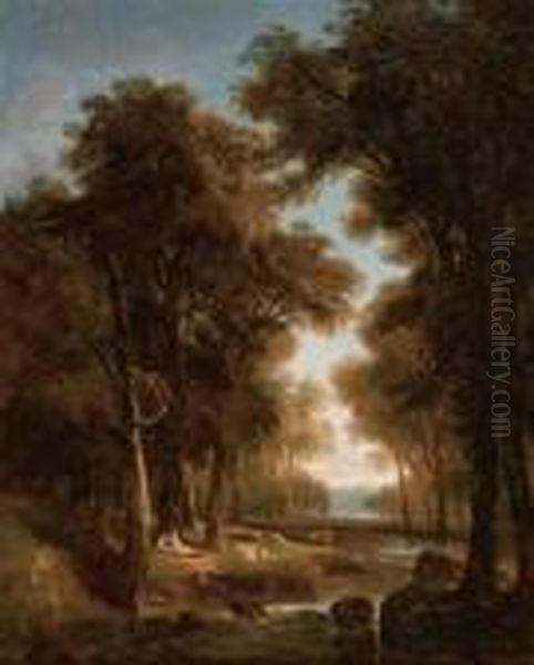 Paysage Avec Arbres, Eau, Bergers Et Vaches. Oil Painting by Alexandre Calame