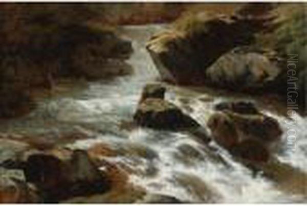 A Rocky Stream With Rapids Oil Painting by Alexandre Calame