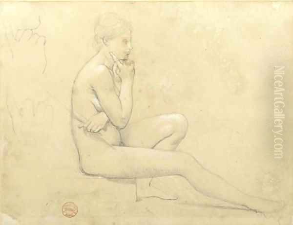 A young nude woman seated in profile to the right, with subsidiary studies of her hand Oil Painting by Jean Auguste Dominique Ingres