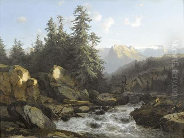 Gebirgslandschaft Mit Bergbach Und Urirotstock. Oil Painting by Alexandre Calame