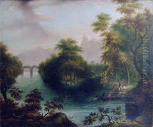 Landscape With Figures On A Lake Oil Painting by Alexandre Calame