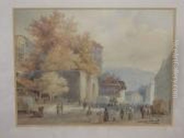 Street Scene, Signed And Inscribed, Watercolour Oil Painting by Alexandre Calame