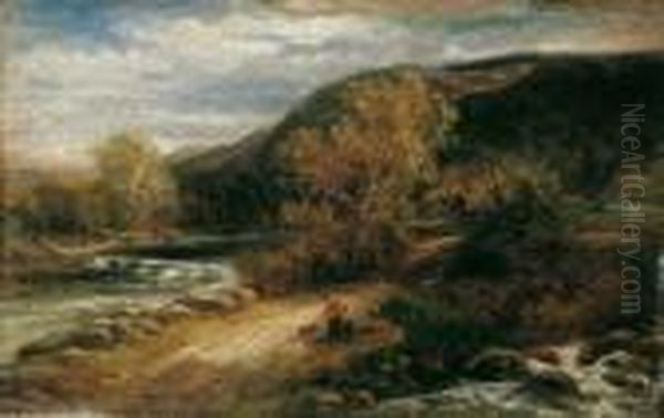 Gebirgslandschaft Mit Wanderern An Einem Fluss. Oil Painting by Alexandre Calame