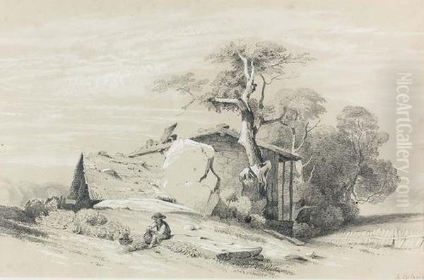 Bauernhutte Mit Felsen, Baumen Und Davor Sitzendem Bauern. Oil Painting by Alexandre Calame