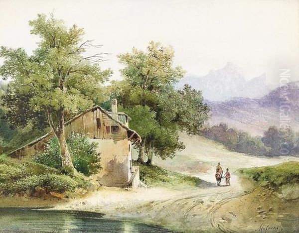 Wanderer In Waldiger Wiesenlandschaft. Oil Painting by Alexandre Calame