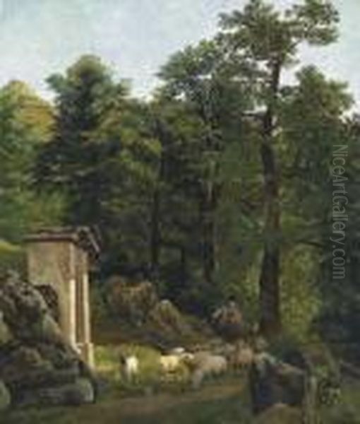 Landscape With Small Chapel And Animals Oil Painting by Alexandre Calame