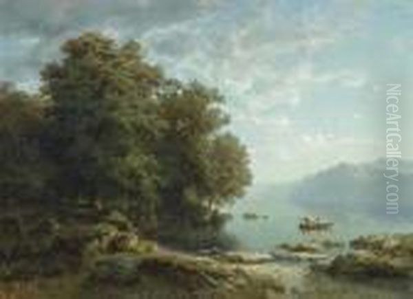 Lac, Bouquet De Chenes Et Barque. Oil Painting by Alexandre Calame