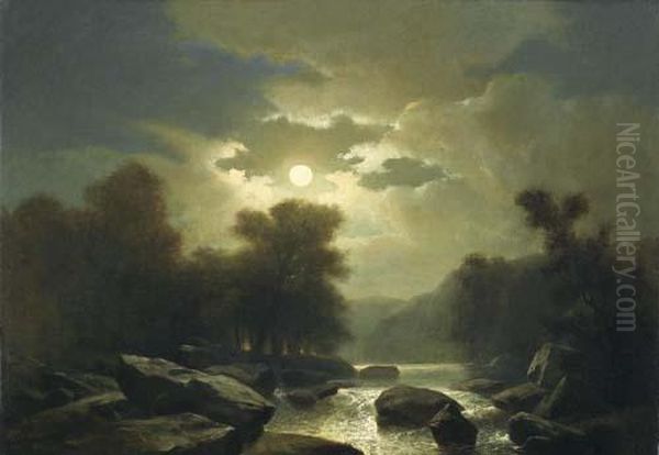 Mountain Stream In The Moonlight Oil Painting by Alexandre Calame