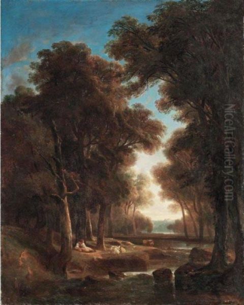 Paysage Avec Arbres, Eau, Bergers Et Vaches Oil Painting by Alexandre Calame