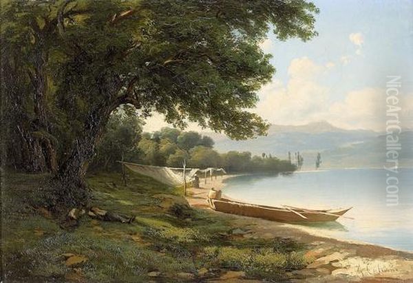 Kleine Bucht Am Genfersee Mit Ruderkahn Und Fischernetzen. Oil Painting by Alexandre Calame