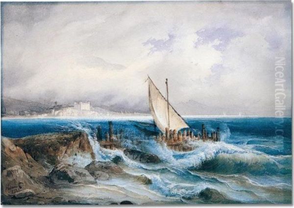 A Boat Caught In Stormy Waters Near The Shore Oil Painting by Alexandre Calame