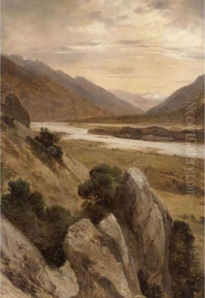 Mountainous Riverscape Oil Painting by Alexandre Calame