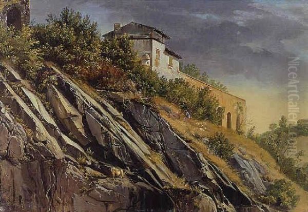 Building On Top Of A Rocky Hill Oil Painting by Alexandre Calame