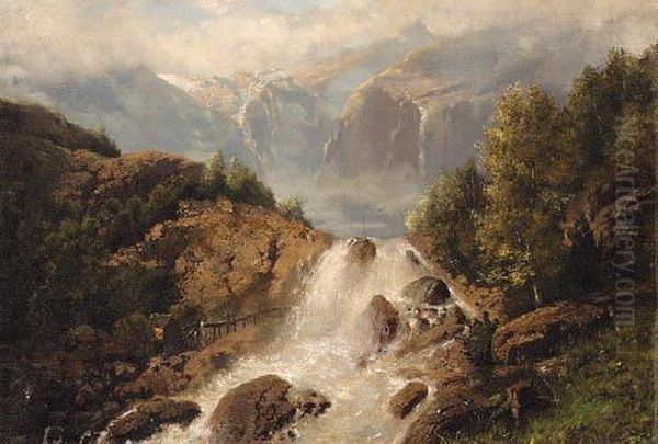 A Swiss Alpine Landscape Oil Painting by Alexandre Calame