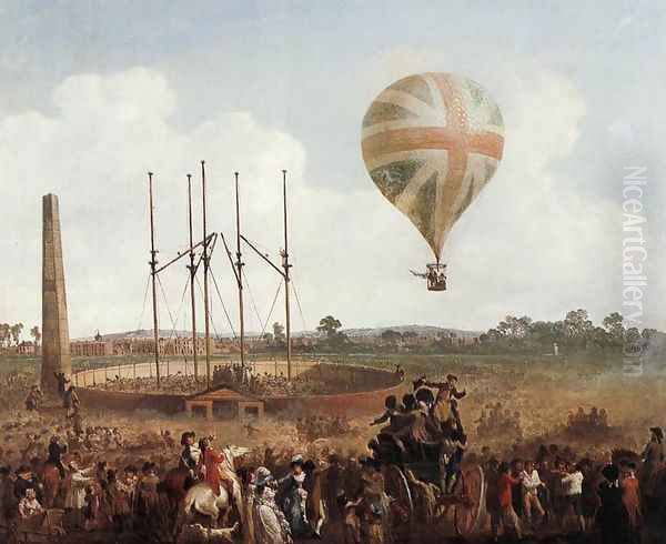 George Biggins' Ascent in Lunardi' Balloon 1785 Oil Painting by Julius Caesar Ibbetson