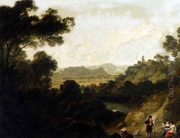 A Distant View Of Llantrisant Castle, Glamorganshire, With Figures Seated In The Foreground Oil Painting by Julius Caesar Ibbetson