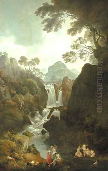 A Waterfall with Bathers Oil Painting by Julius Caesar Ibbetson