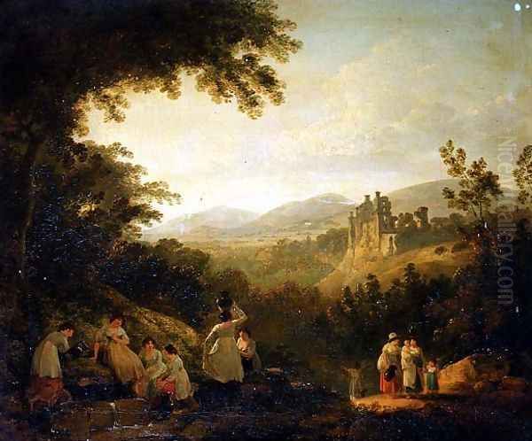 A Wooded Landscape with Washerwomen by a Fountain Oil Painting by Julius Caesar Ibbetson