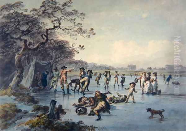 Skating in Hyde Park Oil Painting by Julius Caesar Ibbetson