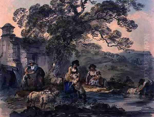 Peasants Washing Sheep in Cwm Rheidol Cardiganshire Oil Painting by Julius Caesar Ibbetson