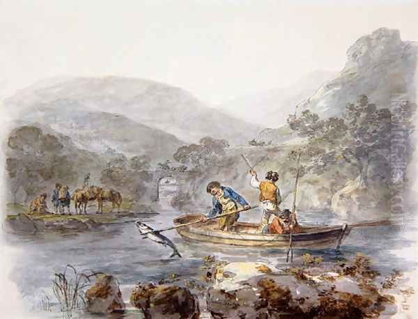 Salmon Spearing Oil Painting by Julius Caesar Ibbetson