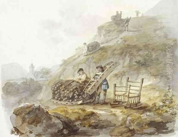 Method of obtaining peat from hills near Mallwyd Oil Painting by Julius Caesar Ibbetson