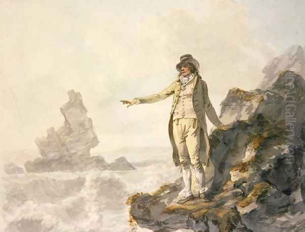 The Guide to the Stackpole Scenery pointing to Stack Rock Pembrokeshire Oil Painting by Julius Caesar Ibbetson