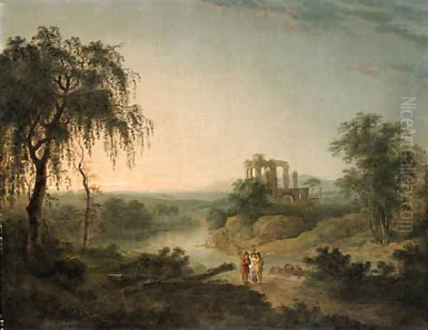 A ruined Abbey with Figures in the foreground Oil Painting by Julius Caesar Ibbetson