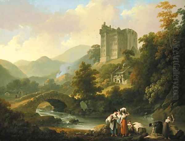 A view of Castle Campbell, Scotland, with washerwomen on the river bank in the foreground Oil Painting by Julius Caesar Ibbetson