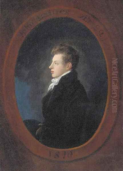 Portrait of John Baines aged 22, half-length, in profile, in a black coat, feigned oval Oil Painting by Julius Caesar Ibbetson