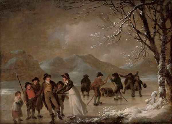 Skating in the Lake District Oil Painting by Julius Caesar Ibbetson