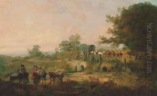 Travellers resting in a wooded river landscape, a horse-drawn covered wagon beyond Oil Painting by Julius Caesar Ibbetson