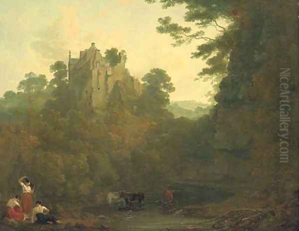 View of Hawthornden Castle with cattle drinking at a river and figures in the foreground Oil Painting by Julius Caesar Ibbetson