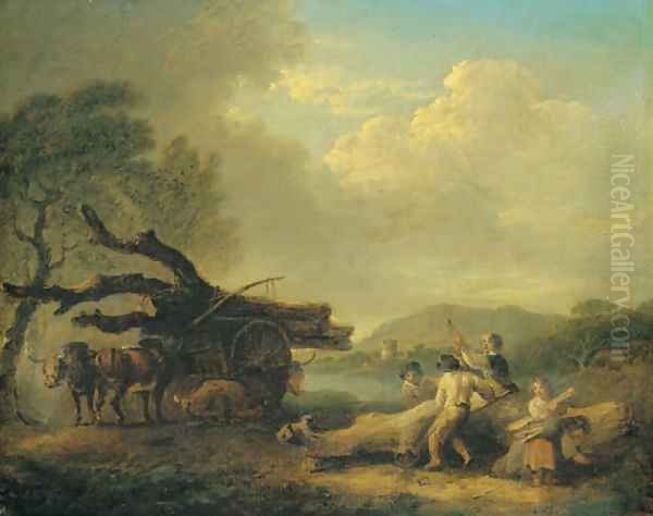 Children gathering firewood, an ox-drawn cart standing beside Oil Painting by Julius Caesar Ibbetson