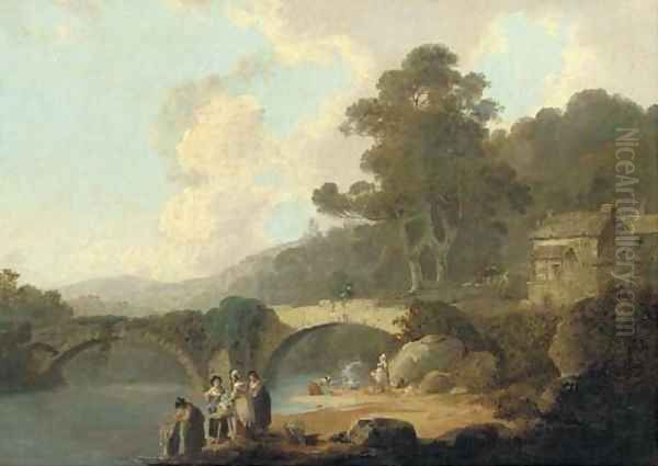 Rosewell Castle, North Wales, with washerwomen in the foreground and a bridge beyond Oil Painting by Julius Caesar Ibbetson