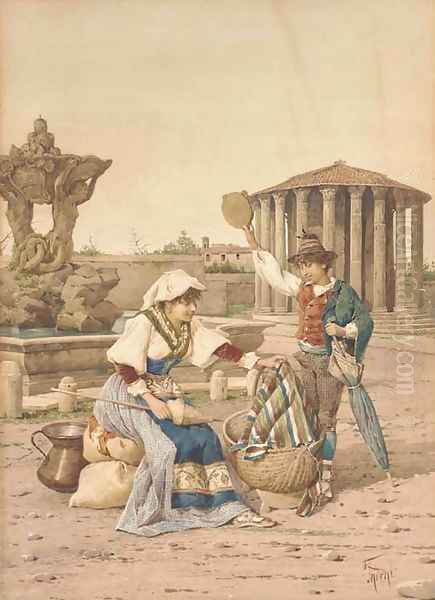 A young peasant couple outside the Temple of Vesta, Rome Oil Painting by Filippo Indoni