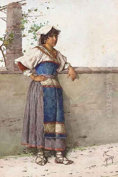 Study of a gypsy girl leaning against a wall Oil Painting by Filippo Indoni