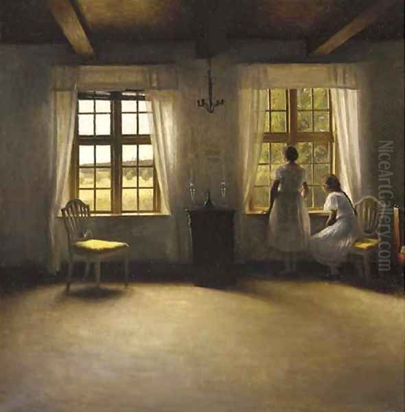 Young Girls standing by a Window in an Interior Oil Painting by Peter Vilhelm Ilsted