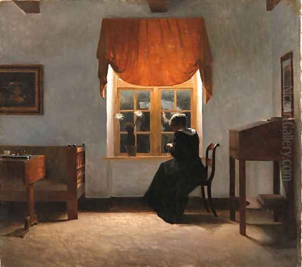 A woman knitting by a window Oil Painting by Peter Vilhelm Ilsted