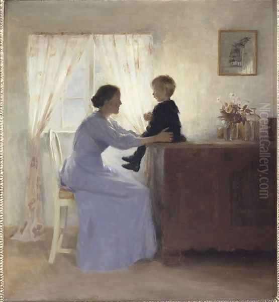 A Mother and Child in an Interior Oil Painting by Peder Vilhelm Ilsted