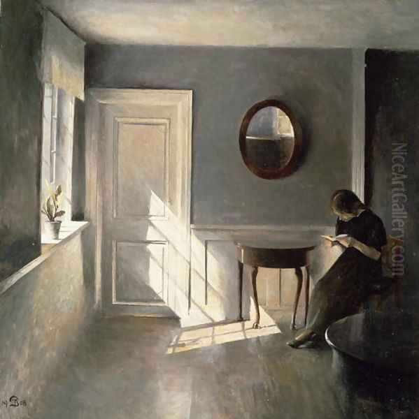 Girl Reading a Letter in an Interior Oil Painting by Peder Vilhelm Ilsted