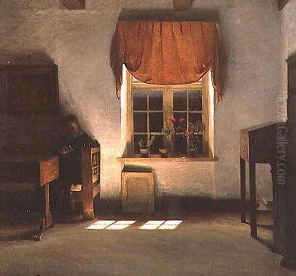 Woman Reading in a Sunlit Interior Oil Painting by Peder Vilhelm Ilsted