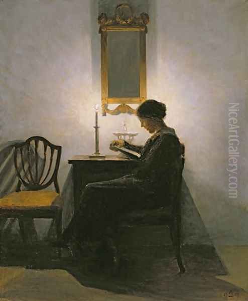 Woman reading by candlelight1 Oil Painting by Peder Vilhelm Ilsted