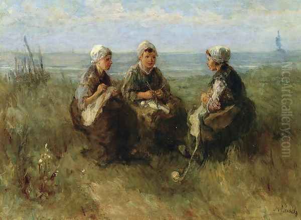 Three Women Knitting by the Sea Oil Painting by Jozef Israels