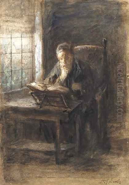 A rabbi reading by a window Oil Painting by Jozef Israels