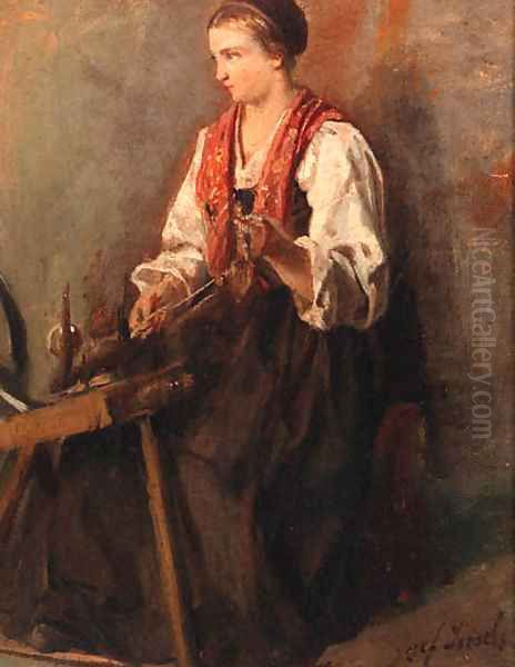 A peasant girl at a spinning wheel - a study Oil Painting by Jozef Israels