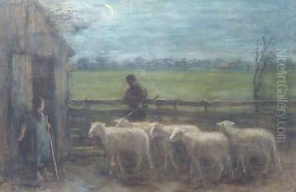 Het binnendrijven der schapen guiding the flock home Oil Painting by Jozef Israels