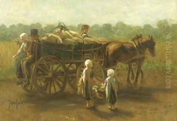 A peasant couple on a horse cart Oil Painting by Jozef Israels